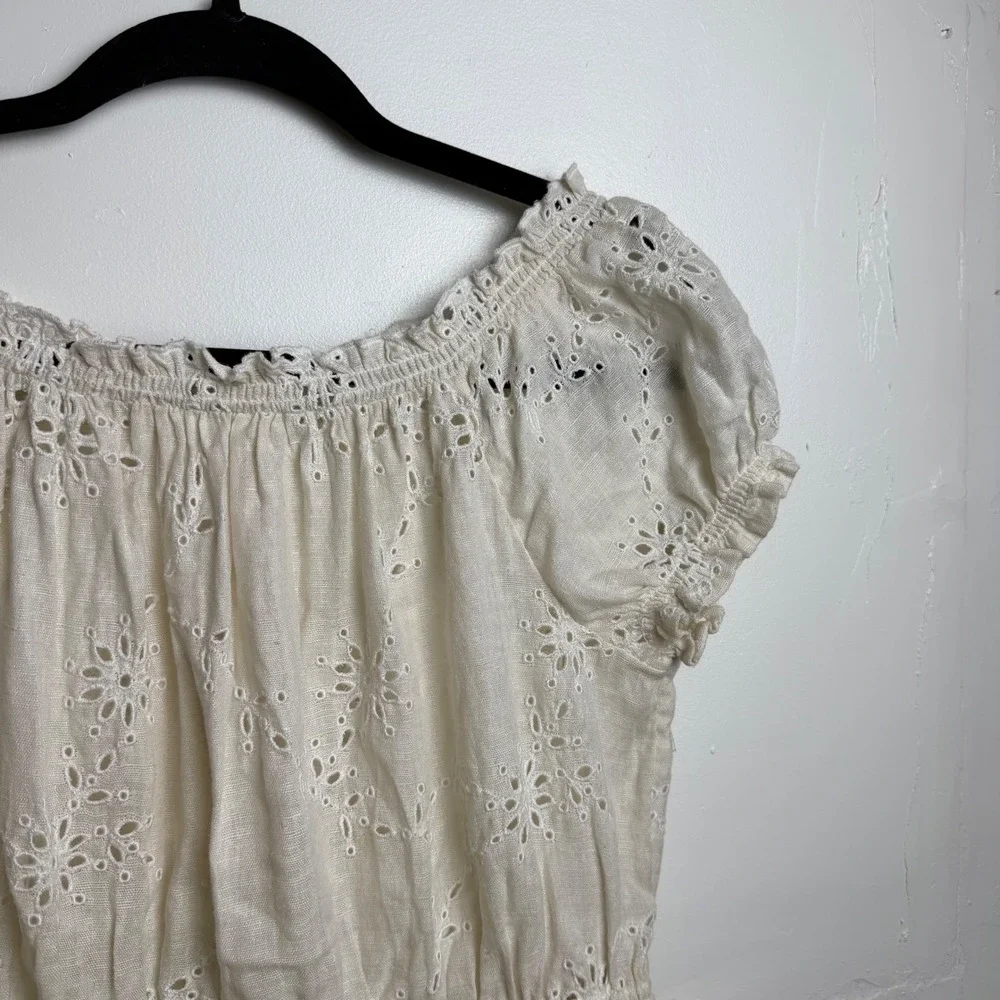Free People Cream Eyelet Embroidery Peasant Blouse Cottagecore Puff Sleeve Top M